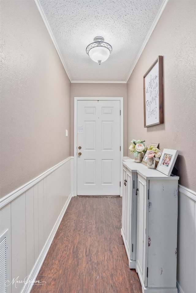 doorway featuring crown molding, a textured ceiling, dark wood-style floors, wainscoting, and a decorative wall