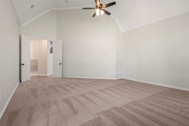 10101 Waterview Pkwy, Rowlett, TX 75089 - carpeted spare room featuring a ceiling fan, ornamental molding, high vaulted ceiling, and baseboards