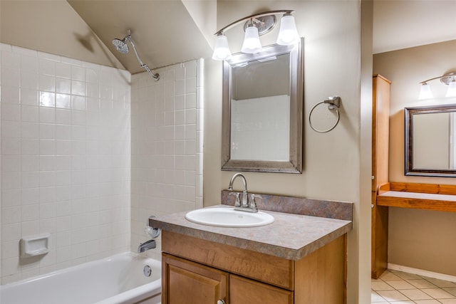 410 Lone Oak Cir, Euless, TX 76039 - bathroom with bathtub / shower combination, tile patterned floors, vanity, and vaulted ceiling