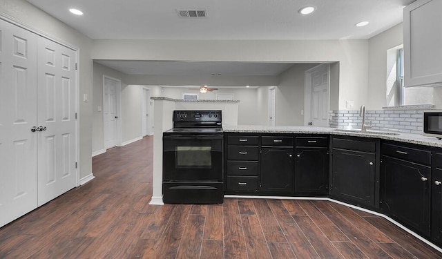 2709 Sarah St, Waco, TX 76706 - kitchen with black / electric stove, a sink, dark cabinets, dark wood-type flooring, and decorative backsplash