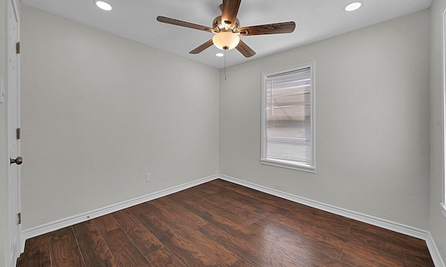 2709 Sarah St, Waco, TX 76706 - empty room with a ceiling fan, baseboards, dark wood-type flooring, and recessed lighting