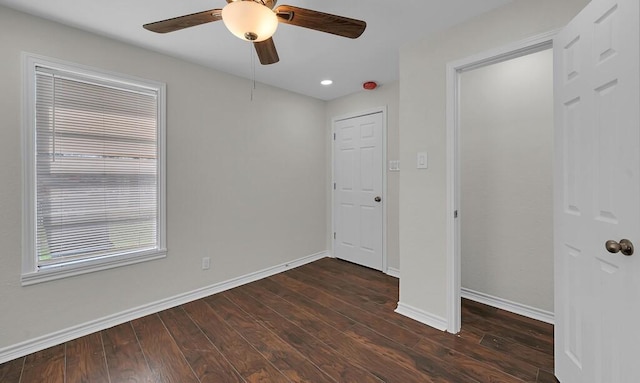 2709 Sarah St, Waco, TX 76706 - empty room featuring dark wood-style flooring, a ceiling fan, baseboards, and recessed lighting