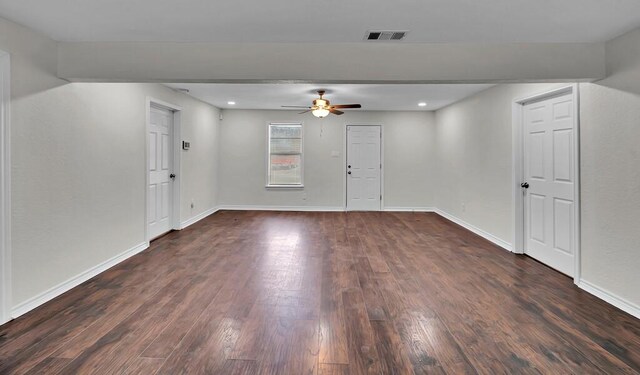 2709 Sarah St, Waco, TX 76706 - empty room featuring a ceiling fan, dark wood finished floors, baseboards, and recessed lighting