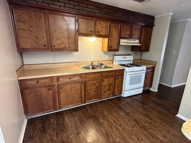 204 Austin Ave, Corsicana, TX 75110 - kitchen with white gas stove, a sink, under cabinet range hood, dark wood-type flooring, and light countertops