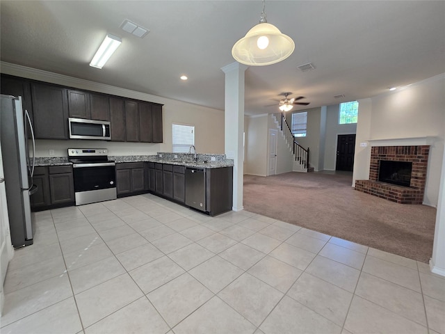 556 Pleasant Park Dr, Wilmer, TX 75172 - kitchen featuring appliances with stainless steel finishes, a fireplace, crown molding, a sink, and light carpet