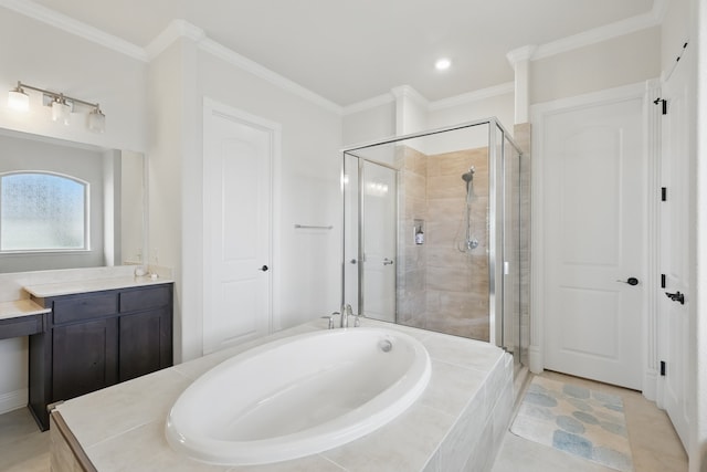 bathroom featuring a garden tub, a shower stall, ornamental molding, vanity, and recessed lighting
