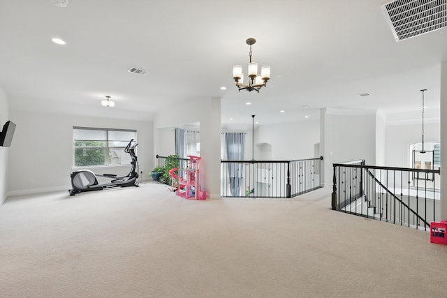 recreation room featuring a chandelier, carpet flooring, recessed lighting, and baseboards