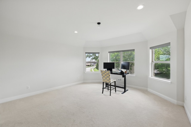 office with light colored carpet, baseboards, and recessed lighting