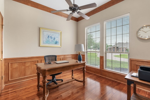11109 Brook Green Ln, Haslet, TX 76052 - office featuring a wainscoted wall, light wood-type flooring, ceiling fan, and crown molding