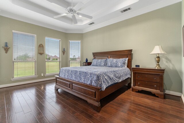 11109 Brook Green Ln, Haslet, TX 76052 - bedroom with a tray ceiling, dark wood-type flooring, crown molding, baseboards, and ceiling fan