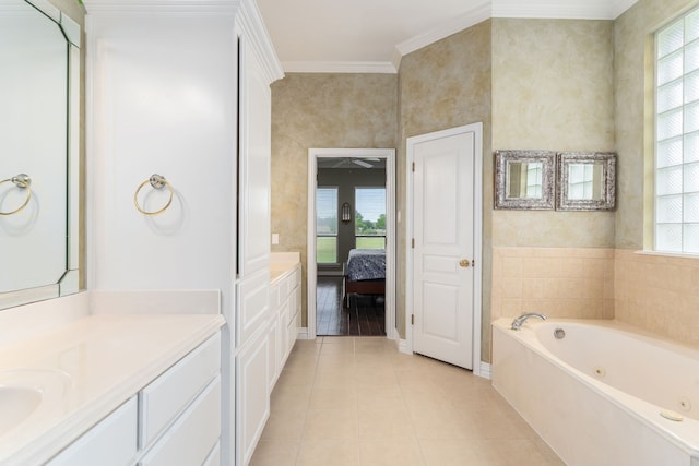 11109 Brook Green Ln, Haslet, TX 76052 - ensuite bathroom with tile patterned floors, a tub with jets, vanity, and crown molding