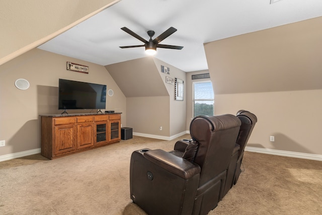 11109 Brook Green Ln, Haslet, TX 76052 - home theater room with light carpet, a ceiling fan, vaulted ceiling, and baseboards