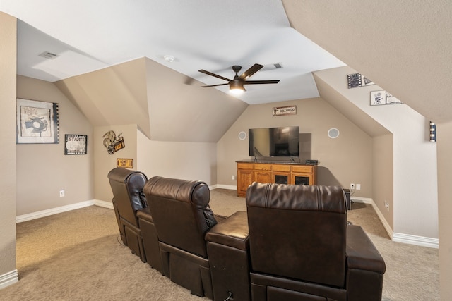 11109 Brook Green Ln, Haslet, TX 76052 - carpeted cinema room featuring ceiling fan, vaulted ceiling, and baseboards