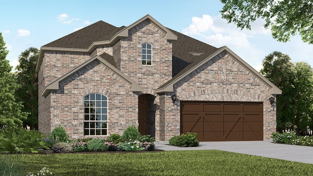1351 Elderberry Ct, Haslet, TX 76052 - french provincial home featuring concrete driveway, a garage, brick siding, and a front yard