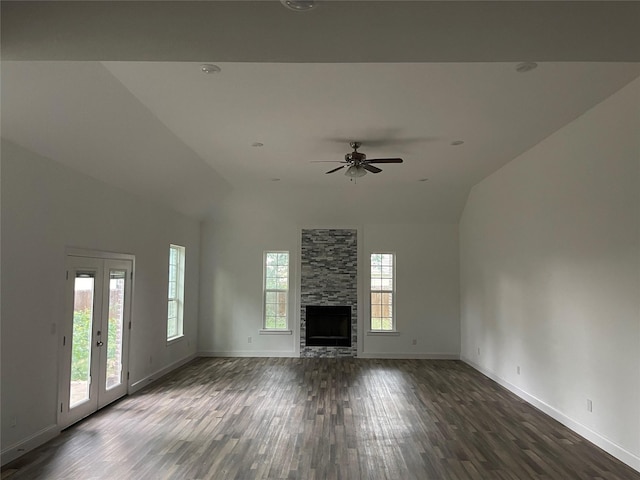 1408 Spinnaker Ln, Azle, TX 76020 - unfurnished living room featuring wood finished floors, baseboards, ceiling fan, a fireplace, and high vaulted ceiling
