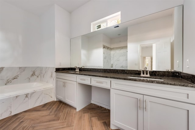 1408 Spinnaker Ln, Azle, TX 76020 - bathroom featuring a bath, double vanity, and a marble finish shower