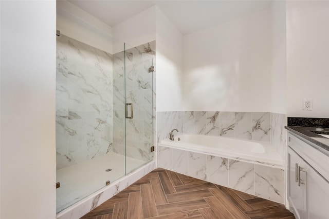 1408 Spinnaker Ln, Azle, TX 76020 - bathroom featuring a marble finish shower, a bath, and vanity