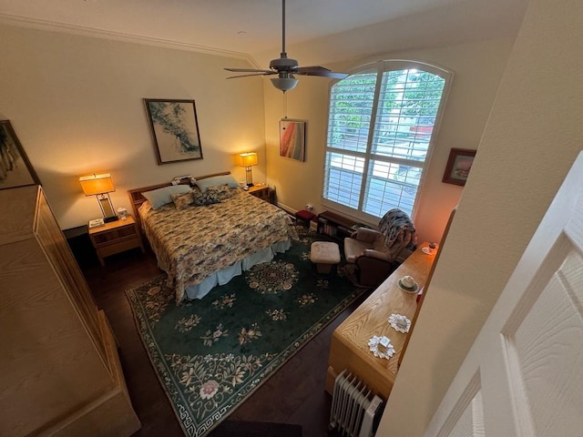bedroom featuring dark wood-style floors and ceiling fan