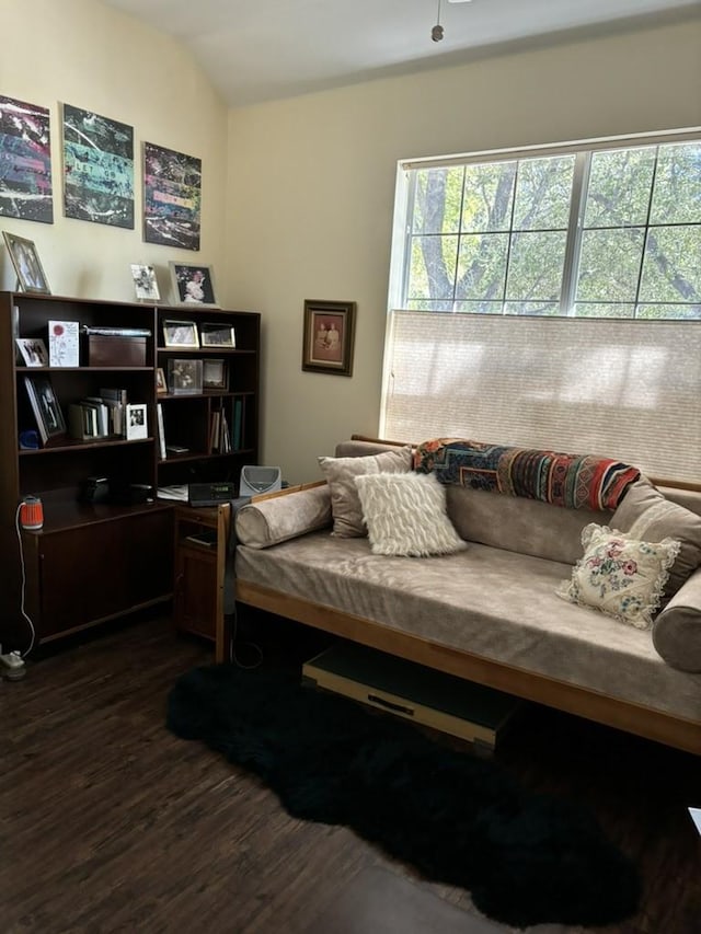 bedroom with dark wood-type flooring, multiple windows, and vaulted ceiling