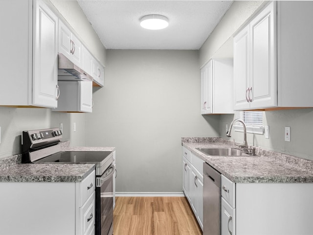 4704 Kristie Dr, Balch Springs, TX 75180 - kitchen with stainless steel appliances, under cabinet range hood, a sink, light wood-type flooring, and white cabinets