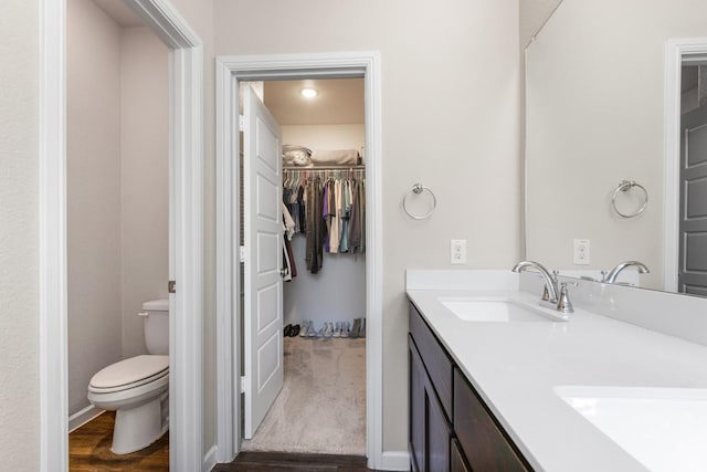628 Hidden Cove Dr, Princeton, TX 75407 - bathroom featuring a spacious closet, toilet, wood finished floors, and double vanity