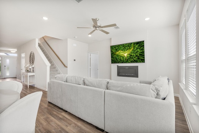 628 Hidden Cove Dr, Princeton, TX 75407 - living room featuring ceiling fan, baseboards, recessed lighting, wood finished floors, and stairway