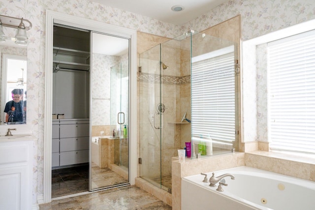 3221 Summerfield Dr, Richardson, TX 75082 - full bath with a shower stall, wallpapered walls, vanity, and a jetted tub
