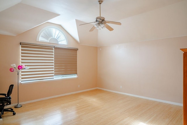 3221 Summerfield Dr, Richardson, TX 75082 - unfurnished office with ceiling fan, wood finished floors, vaulted ceiling, and baseboards