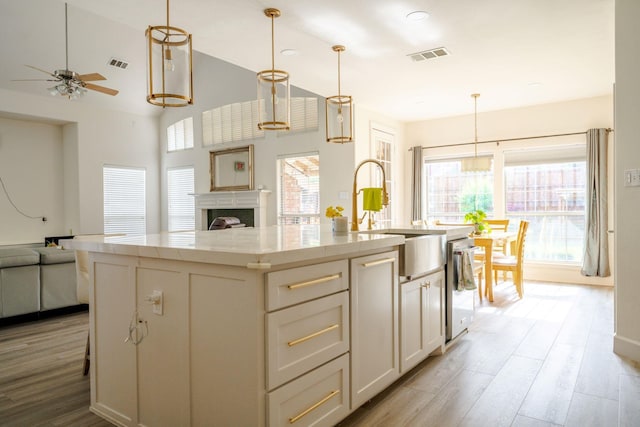 3221 Summerfield Dr, Richardson, TX 75082 - kitchen featuring open floor plan, a sink, dishwasher, a ceiling fan, and light wood-style flooring