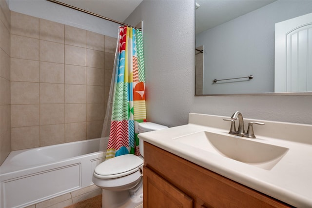 full bathroom featuring toilet, shower / bath combination with curtain, and vanity