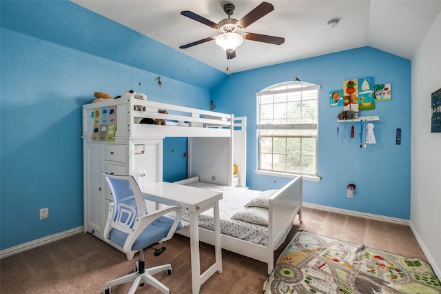 bedroom with lofted ceiling, carpet, baseboards, and a ceiling fan