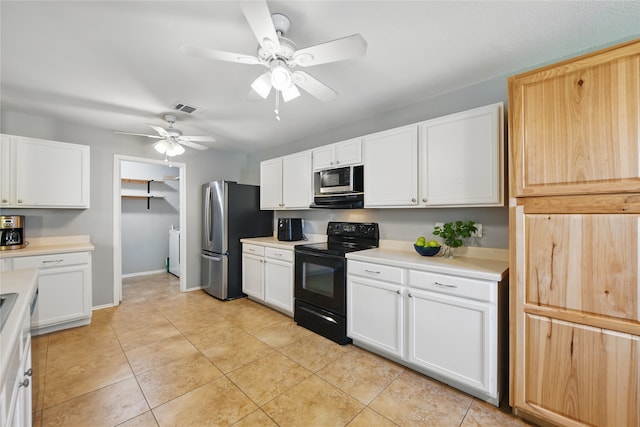 1833 Ramada Trl, Fort Worth, TX 76247 - kitchen featuring appliances with stainless steel finishes, ceiling fan, light countertops, and white cabinets