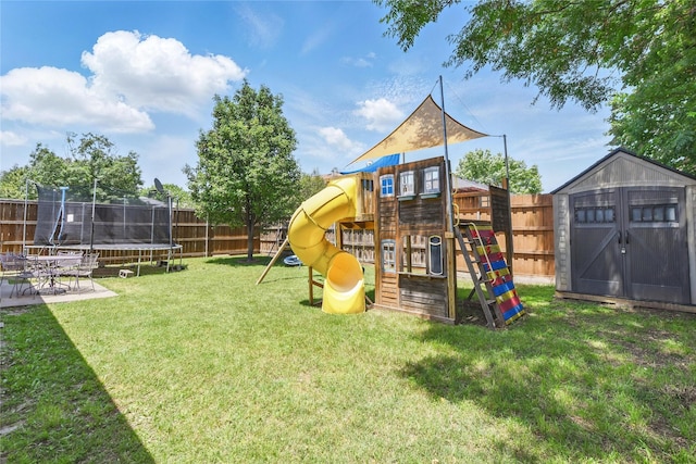 1833 Ramada Trl, Fort Worth, TX 76247 - view of jungle gym featuring a trampoline, a storage shed, a patio area, and an outdoor structure