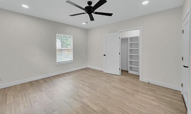 1713 Reuter Ave, Waco, TX 76708 - unfurnished bedroom with light wood-style floors, baseboards, recessed lighting, and a ceiling fan