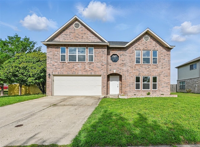 3169 Longbow Dr, Grand Prairie, TX 75052 - view of front of home featuring an attached garage, a front lawn, concrete driveway, and brick siding