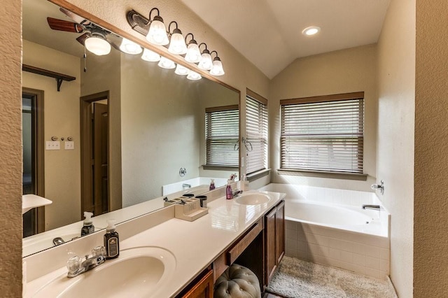 870 1st St, Maypearl, TX 76064 - bathroom with a bath, double vanity, and vaulted ceiling