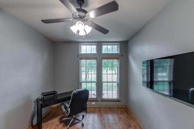 870 1st St, Maypearl, TX 76064 - office area featuring wood finished floors, baseboards, a ceiling fan, and a textured wall