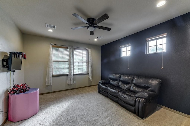 870 1st St, Maypearl, TX 76064 - living room with carpet flooring, ceiling fan, recessed lighting, and baseboards