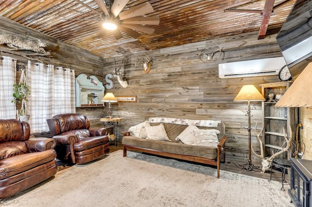 870 1st St, Maypearl, TX 76064 - living room featuring a wall mounted air conditioner, wooden walls, and a ceiling fan
