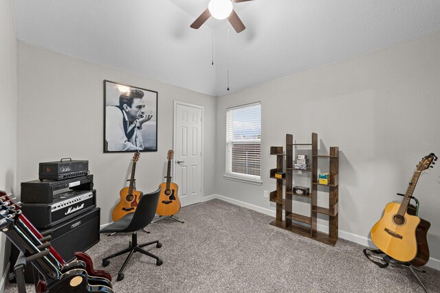 4719 Highlands Dr, Mckinney, TX 75070 - home office with ceiling fan, lofted ceiling, carpet flooring, and baseboards