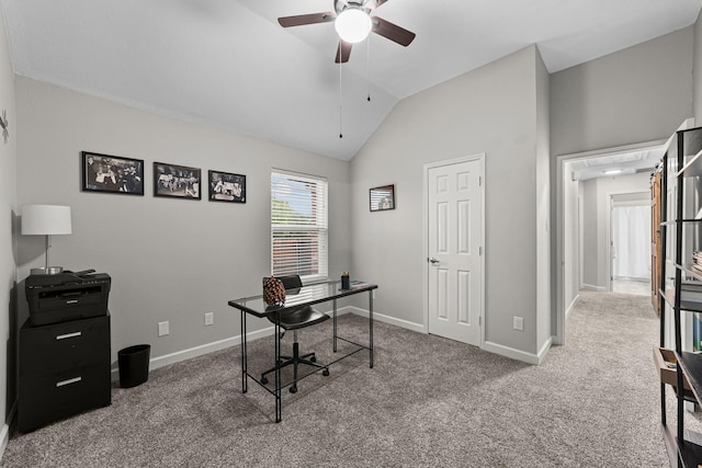 4719 Highlands Dr, Mckinney, TX 75070 - carpeted office featuring a ceiling fan, vaulted ceiling, and baseboards