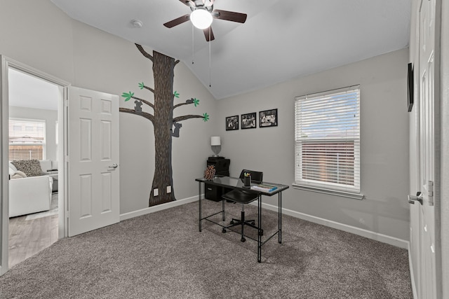 4719 Highlands Dr, Mckinney, TX 75070 - carpeted office space with a ceiling fan, vaulted ceiling, and baseboards