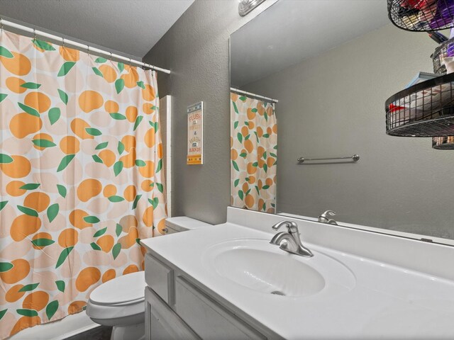 bathroom with a textured wall, toilet, and vanity