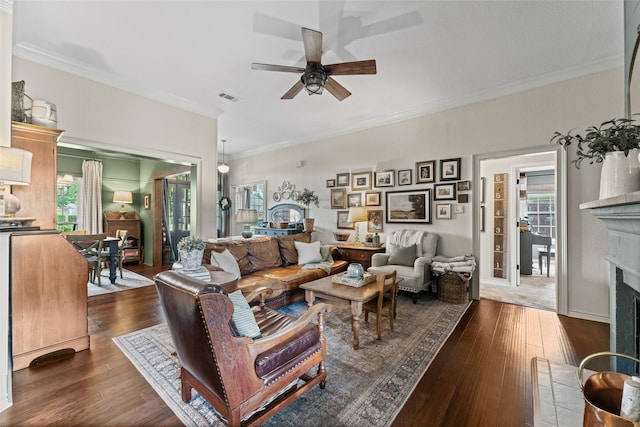 108 Honeysuckle Dr, Justin, TX 76247 - living room with a ceiling fan, dark wood-type flooring, a fireplace with flush hearth, healthy amount of natural light, and crown molding