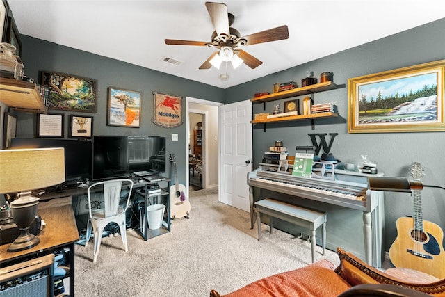 108 Honeysuckle Dr, Justin, TX 76247 - office area with ceiling fan, carpet flooring, and baseboards