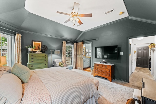 108 Honeysuckle Dr, Justin, TX 76247 - bedroom with vaulted ceiling, light colored carpet, ceiling fan, and crown molding