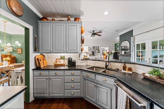 108 Honeysuckle Dr, Justin, TX 76247 - kitchen with gray cabinets, a sink, ornamental molding, dishwasher, and a ceiling fan