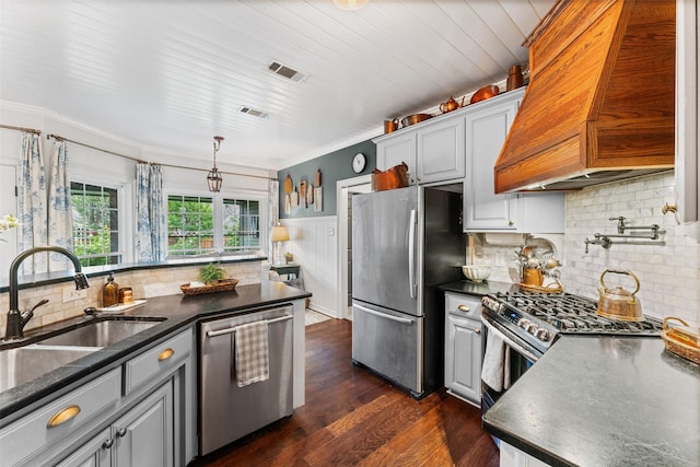108 Honeysuckle Dr, Justin, TX 76247 - kitchen with appliances with stainless steel finishes, custom exhaust hood, a sink, dark wood finished floors, and backsplash