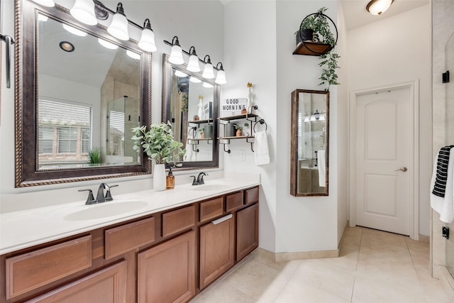 5221 Buckthorn Dr, Mckinney, TX 75071 - full bath featuring double vanity, tile patterned floors, a shower with shower door, and heating unit