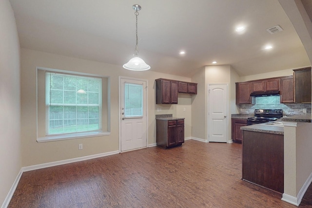 4861 Nuevo Laredo Ct, Dallas, TX 75236 - kitchen with electric range oven, dark wood finished floors, backsplash, baseboards, and recessed lighting